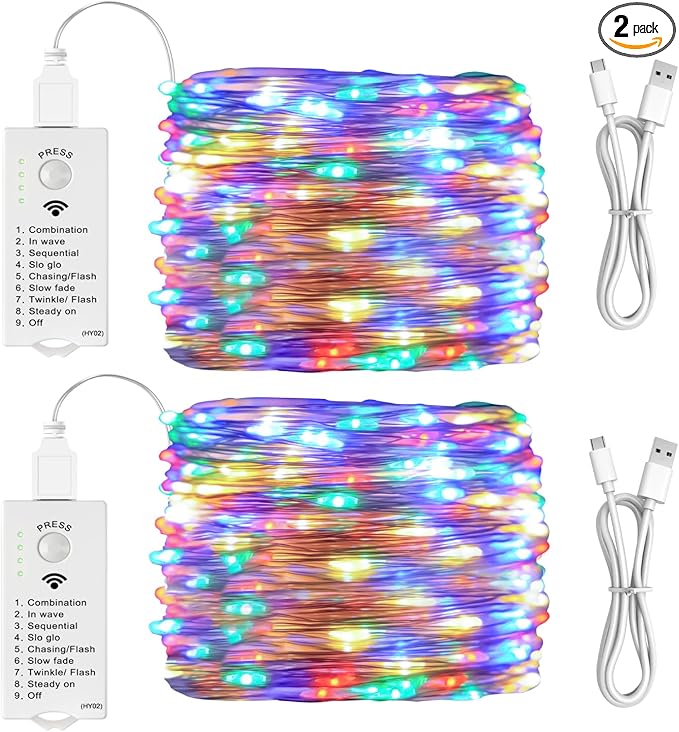 HXWEIYE Rechargeable Fairy Lights Battery Operated, DIY Timer & 8 Modes, 2 Pack 16FT 50LED Twinkle String Lights Indoor, Led mini Lights for Bedroom Wedding Dorm Christmas Tree Decor (Multicolor)