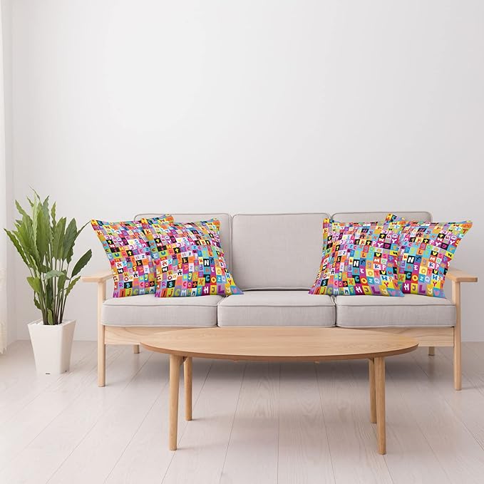Ambesonne Abstract Throw Pillow Cushion Case Pack of 4, Colored Alphabet Letters Pattern Game Graphic Print, Modern Accent Double-Sided Digital Printing, 18", Multicolor