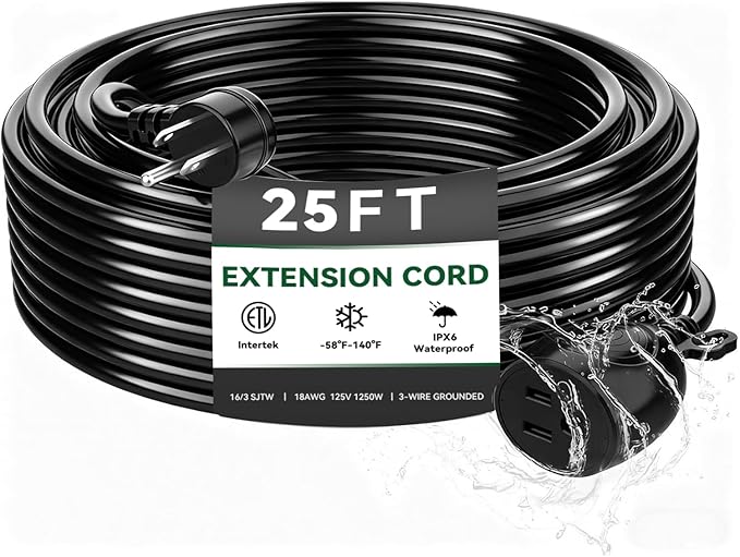 Blackcow Outdoor Power Extension Cord,25 Ft,IPX6 Waterproof, Cold Weather & Fireproof, Heavy Duty 3 Prong Cable,18AWG 125V 10A,FCC/ETL Certified for Outdoor/Indoor Use