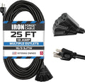 Iron Forge Cable 25 Ft Black Extension Cord with 3 Outlets - 16/3 SJTW 25 Foot Extension Cord 3 Prong, Weatherproof Exterior Power Cable for Outdoor