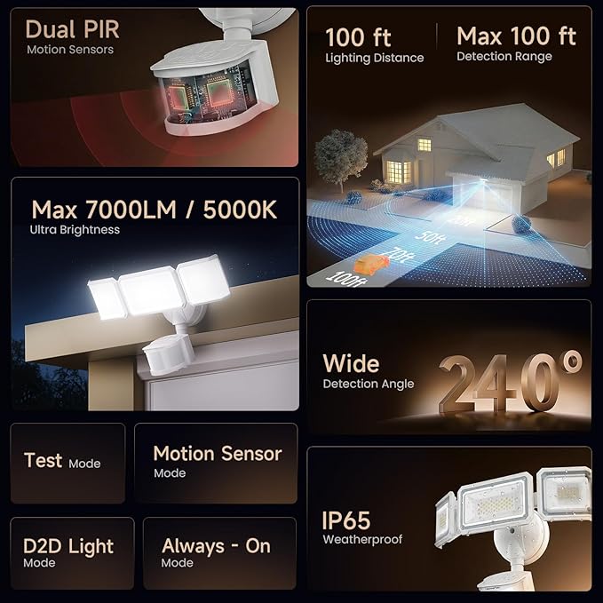 LEPOWER-TEC Zero Blind Spots Outdoor Security Light with 240° & 100ft Dual PIR Motion Sensor, 7000LM Adjustable Flood Light Brightness for Garage Driveway, Dusk to Dawn, IP65, Easy Hardwired Install