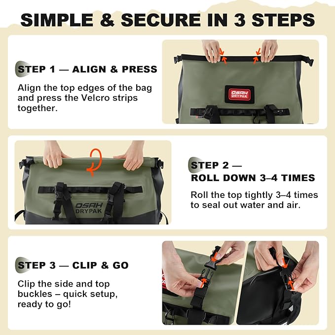 OSAH DRYPAK Waterproof Duffel Bag 25L/40L/60L – Heavy-Duty Motorcycle Tail Bag, Roll-Top Dry Bag for Travel, Camping, Boating, Kayaking, Outdoor Adventure