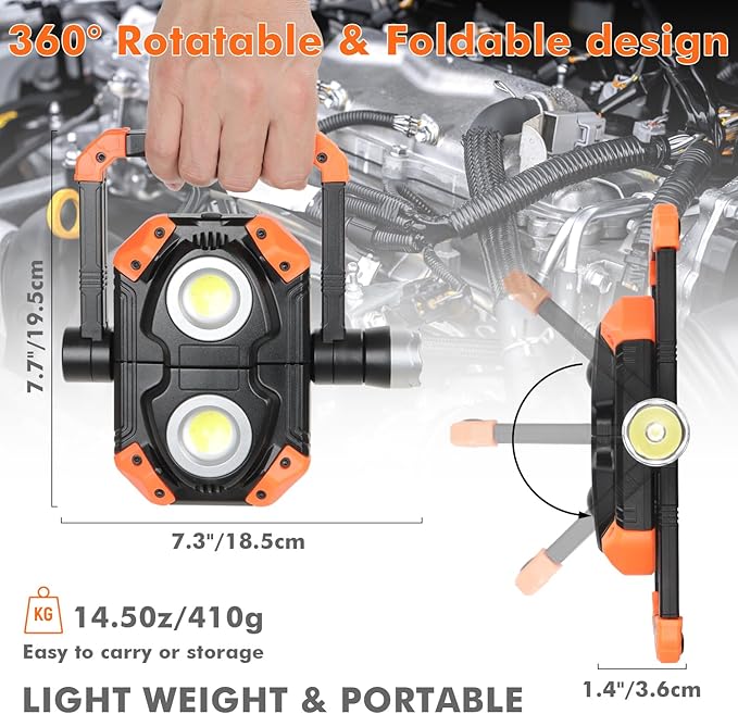 sunzone Rechargeable LED Work Light,Portable Flood Light Spotlight 2 in 1 Job Site Lighting with Magnetic Bases,Rotatable Foldable Waterproof LED Light for Camping,Car Inspection Emergency(2 Pack)