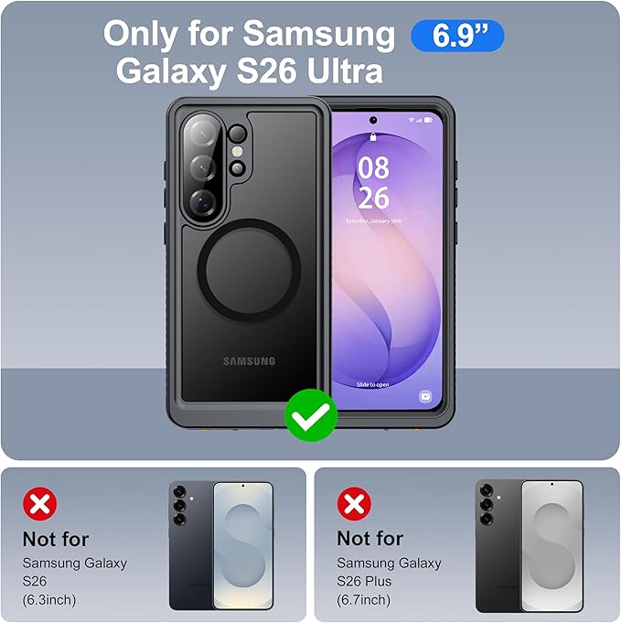 ANTSHARE IP68 Waterproof Case for Samsung Galaxy S26 Ultra [2026] - MagSafe Compatible, Built-in Screen/Lens Protector - Shockproof Full Body Protection for Swimming/Outdoor, Black-Translucent Matte
