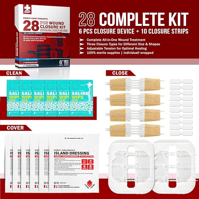 EVERLIT CARE Wound Closure Kit | 28 Pcs All-in-One First Aid with Suture-Free, Stitchless Zip Devices, Butterfly Bandages, for up to 6" Wounds | 100% Sterile Medical Supplies to Clean, Cover & Heal