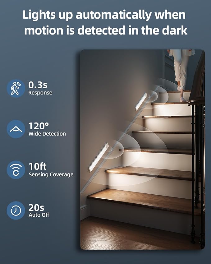 10inch Under Cabinet Lights, Wireless Closet Light, Motion Sensor, 1800mAh Rechargeable Battery, Magnetic, 3 Color Temps, 5 Levels Dimmable, Under Counter Lights for Kitchen (2 Pack)