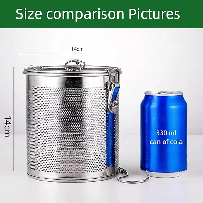 Stainless steel cylindrical seasoning filter, Multi purpose spice filter, Mesh Design Tea Ball Strainer Soup Seasonings Seperation Basket Filter with Chain Hook for Home Restaurant (14 * 14CM/2.154L)