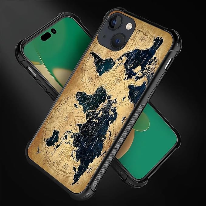 for iPhone 14 Plus Case, Brown World Map Pattern Made of Soft Silicone Hard Acrylic Shock Protection for iPhone 14 Plus