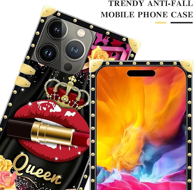 Compatible with iPhone 15 Pro Case, Queen Lip Crown Leopard Print Luxury Golden Decoration for Girl Women Soft TPU Shockproof Protective Hard PC Back for iPhone 15 Pro