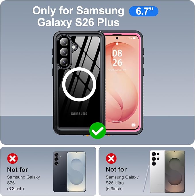 ANTSHARE IP68 Waterproof Case for Samsung Galaxy S26 Plus [2026] - MagSafe Compatible, Built-in Screen/Lens Protector - Shockproof Full Body Protection for Swimming/Outdoor, Pink/Clear