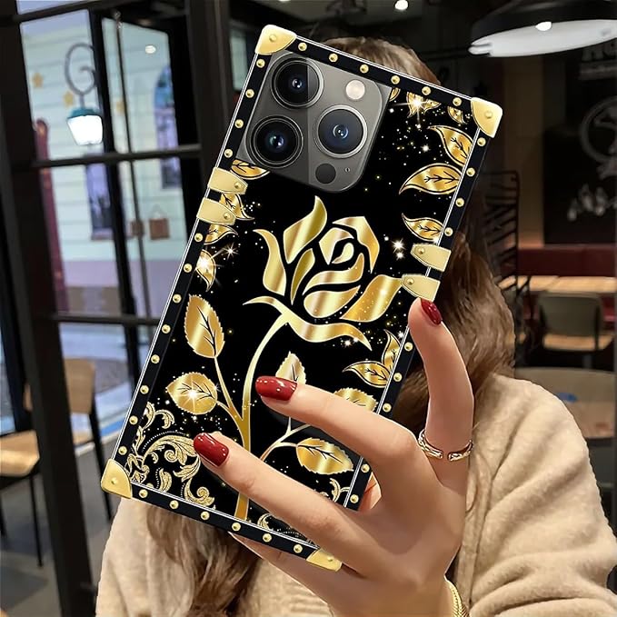 Compatible with iPhone 12 Pro Max Case, Shine Gold Rose Luxury Golden Decoration for Girl Women Soft TPU Shockproof Protective Hard PC Back for iPhone 12 Pro Max