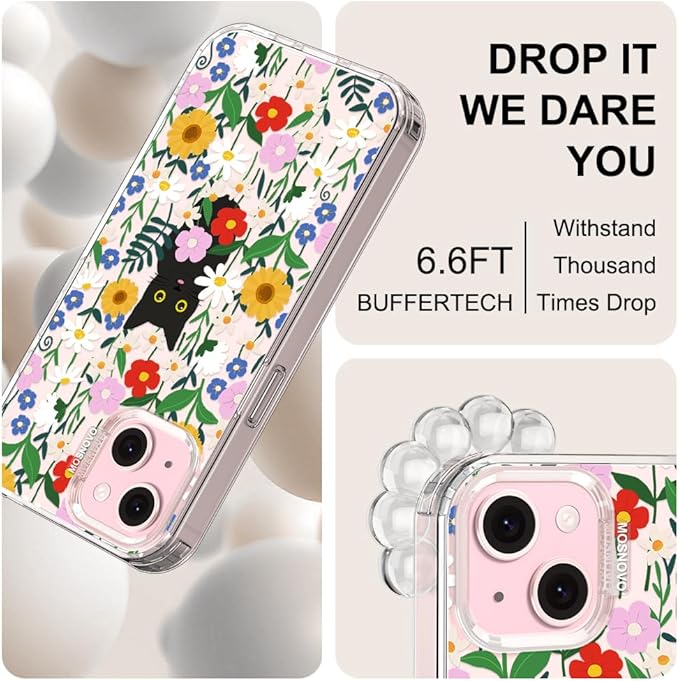 MOSNOVO Case for iPhone 15 Plus/iPhone 14 Plus, [Buffertech 6.6ft Military-Grade Drop Protection] [Anti Peel Off Tech] Clear TPU Bumper Phone Case Cover Design - Black Cat in Garden