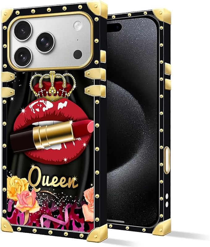 for iPhone 17 Pro Case Luxury Golden Decoration for Girl Women Soft TPU Shockproof Protective Hard PC Back for iPhone 17 Pro Crazy Pattern Queen Lip Crown Leopard Print