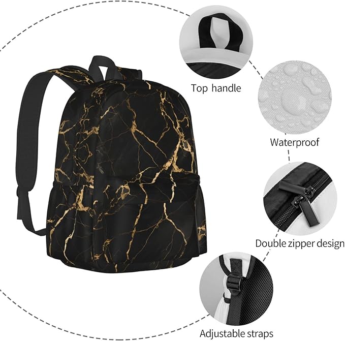 cfpolar 17 Inch Backpack Black & Gold Marble Art Laptop Bag Shoulder Bag School Bookbag Casual Daypack For Boys Girls