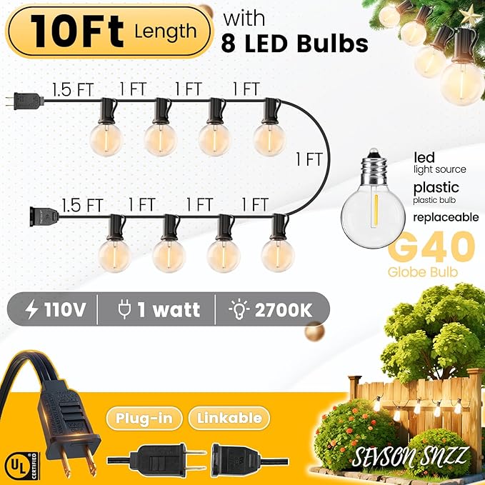 10FT Outdoor String Lights - LED Patio Lights Waterproof G40 Plastic Globe Bulbs, Connectable Shatterproof Hanging Outdoor Lights for Indoor Backyard Yard Gazebo Porch Party Decor