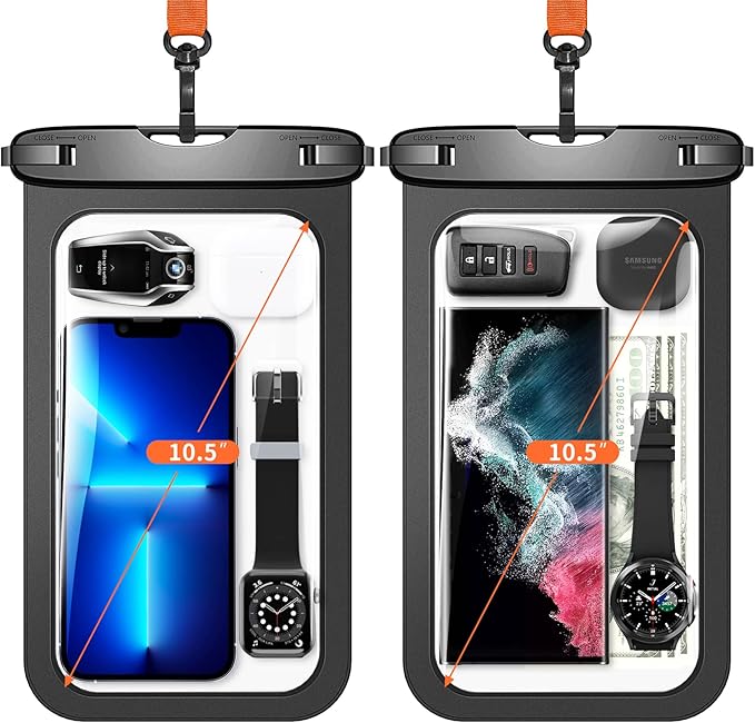 Lanhiem 10.5" Large Waterproof Phone Pouch, 2 Pack Universal IPX8 Waterproof Dry Bag with Lanyard for iPhone 17 16 15Pro Max, Samsung Galaxy S25 S24 Ultra, S25 FE, Pixel 10Pro XL 9A 8 Pro, Black+Black