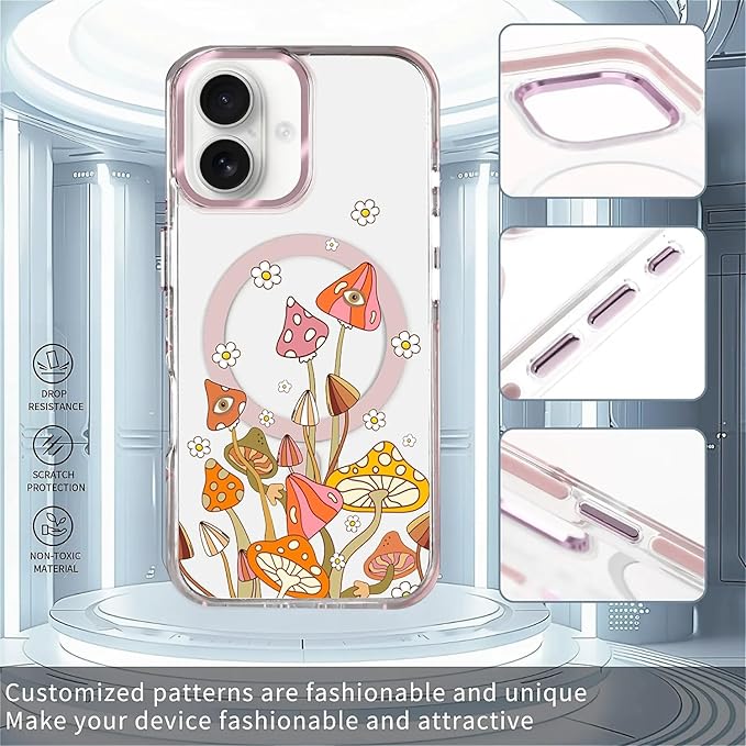 Case for iPhone 16 Plus,[Compatible with MagSafe],Retro Mushroom Sunflower Phone Case Design，for Women Girls Magnetic Clear Cover - Slim, Sleek, & Shockproof Protection