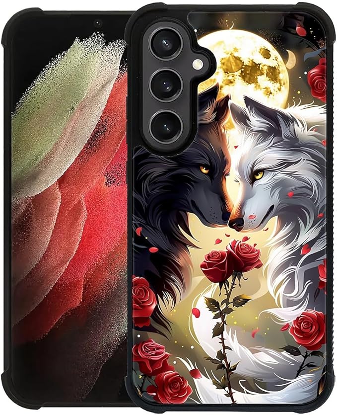 for Samsung Galaxy S23 FE Case, Black White Wolf Moon Flower Rose Pattern Graphic Design Girl Boy Soft Silicone Hard Acrylic Shock Protection for Samsung Galaxy S23 FE