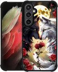 for Samsung Galaxy S23 FE Case, Black White Wolf Moon Flower Rose Pattern Graphic Design Girl Boy Soft Silicone Hard Acrylic Shock Protection for Samsung Galaxy S23 FE