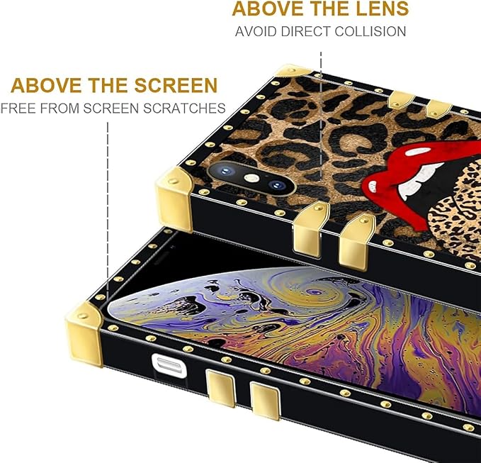 Compatible with iPhone Xs Max Case, Brown Leopard Print Mouth Luxury Golden Decoration for Girl Women Soft TPU Shockproof Protective Hard PC Back for iPhone Xs Max