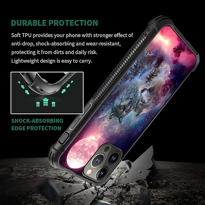for iPhone 16 Pro Max Case, Star Two Wolfs Howling Pattern Graphic Design Girl Boy Soft Silicone Hard Acrylic Shock Protection for iPhone 16 Pro Max