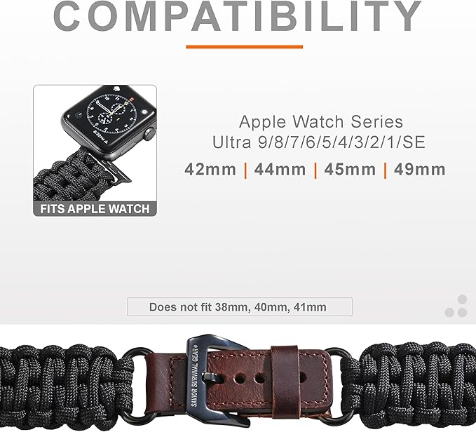 Savior Survival Gear Paracord Band,Compatible with Apple Watch Band 49mm 46mm 45mm 44mm 42mm,iWatch Band Series Ultra 10 9 8 7 6 5 4 3 2 1 SE,Adjustable strap for men (Black-Brown Leather,Adjustable)