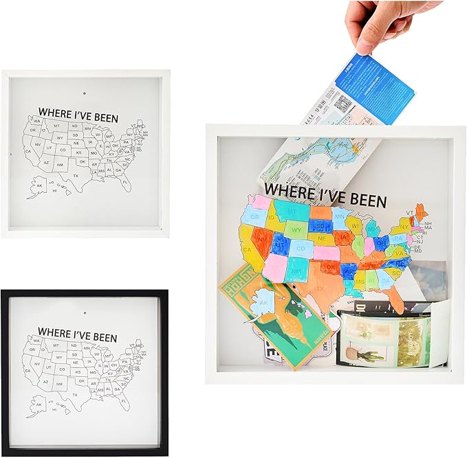 Where I've Been US Map Wooden Shadow Box Frame Wall Decoration, Travel Adventure Archive Box Tickets , 50 States Travel USA Map Tracker (White 10.6” x 10.6”)