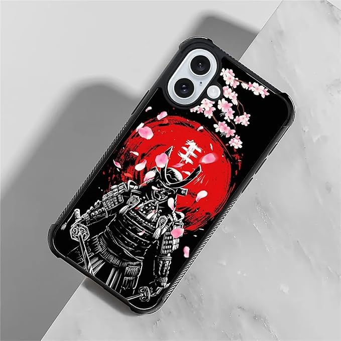 for iPhone 16 Plus Case, Sakura Japanese Samurai Pattern Graphic Design Girl Boy Soft Silicone Hard Acrylic Shock Protection for iPhone 16 Plus