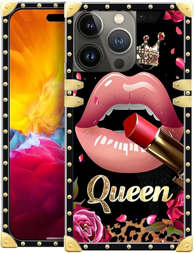 Compatible with iPhone 15 Pro Case, Glitter Red Rose Queen Leopard Lipstick Luxury Golden Decoration for Girl Women Soft TPU Shockproof Protective Hard PC Back for iPhone 15 Pro