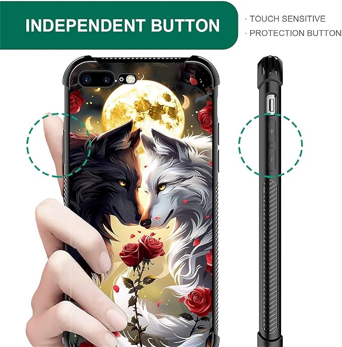 Case for iPhone 7 Plus/8 Plus, Black White Wolf Moon Flower Rose Pattern, Soft Silicone Hard Acrylic for Shock Protection