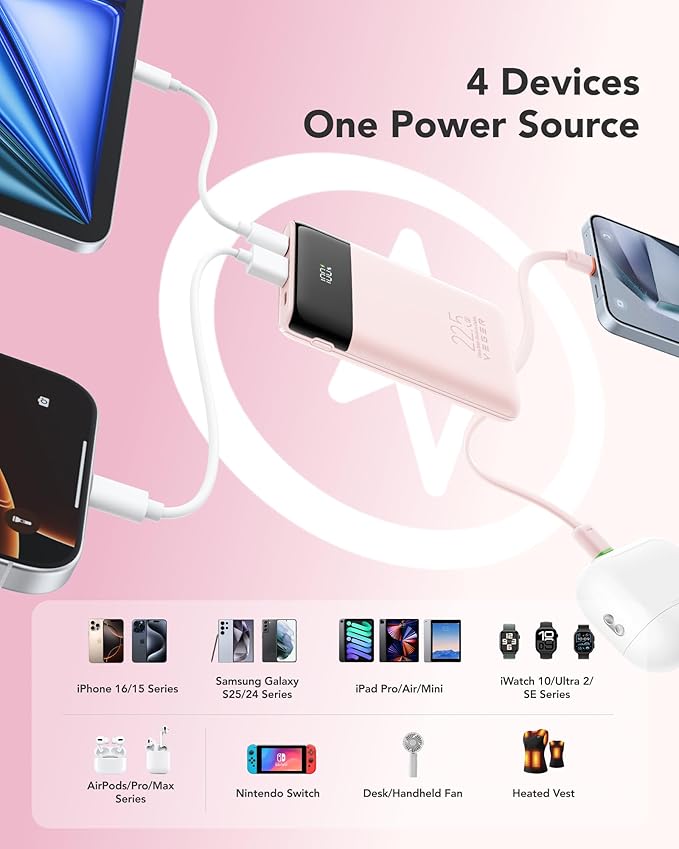 VEGER Portable Charger, Ultra Slim 22.5W Fast Charging with Built in Cable, Flight-Safe 10000mAh USB C Power Bank Battery Pack, Travel Essential Phone Powerbank for iPhone 17 16 Samsung S25 Google etc