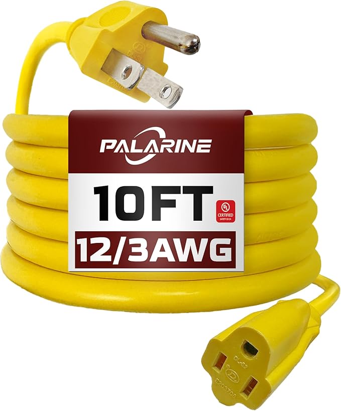 10ft Yellow Outdoor Extension Cord Waterproof, UL Listed, 12/3 SJTW Heavy Duty 3 Prong, 12 Gauge 15A Power Cord Ideal for Indoor Outdoor Lights, Appliances, and Lawn