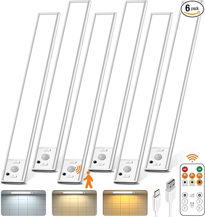 12inch Under Cabinet Lighting with Remote, 2500mAh Rechargeable Motion Sensor Light Indoor, LED Closet Lights with Timer, Dimmable, Magnetic, 3 Color Temps Wireless for Kitchen, Pantry, Stair, 6 Pack