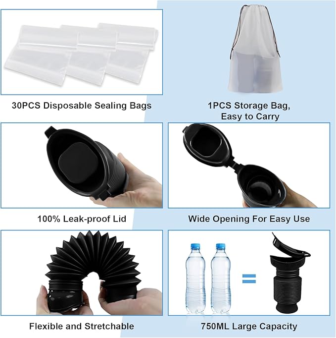 Pee Bottles for Men, Portable Urinal for Men, Collapsible Urine Bottle 750ML, Car Urinals for Men and Women, Emergency Urinal Shrinkable Pocket Toilet for Travel, Camping, Traffic Jam, Road Trips