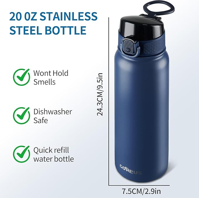 GOPPUS Insulated Water Bottle 20oz Stainless Steel BPA-Free Sports Bottle Ideal for School and Travel Silicone Spout Lid Prevents Leaks, Sweat, and Dust (dark blue)