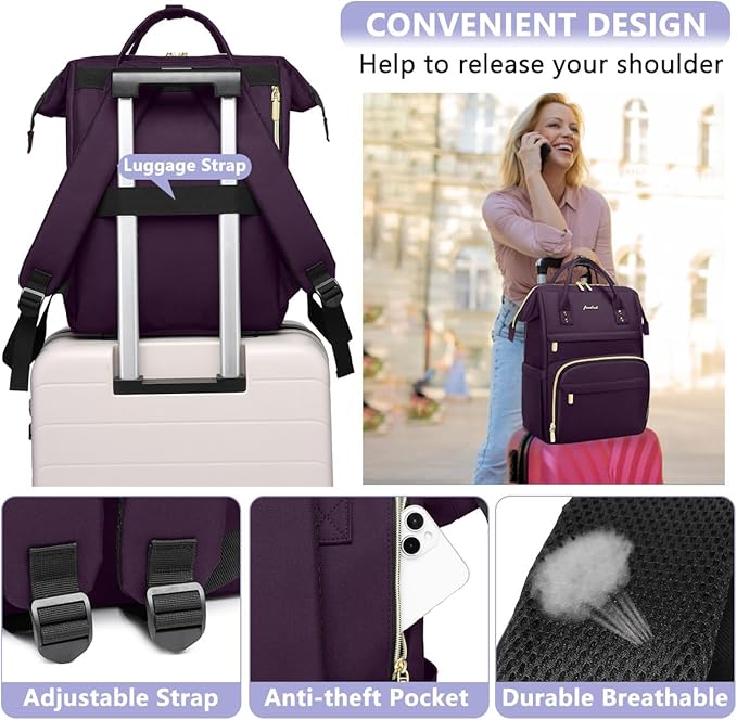 Focdod Laptop Backpack for Women Work Bags - 15.6 Inch Professional Womens Travel Backpack Purse Computer Laptop Bag Nurse Teacher Backpack Waterproof Carry on Back Pack Dark Purple