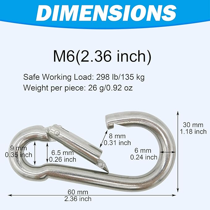 Marine Grade 316 Stainless Steel Carabiners Heavy Duty, Durable & Rust-Free Clips for Gym, Swing, Dog Leashes, Hammocks, Keychains, and More