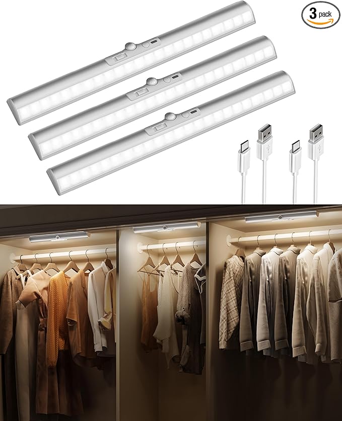 EZVALO 15-inch Motion Sensor Closet Lights, 3 Pack Rechargeable Cabinet Lights with Adjustable Sensor, Glare-Free, 3 Color Temps & Dimmable, Magnetic Motion Light Indoor for Pantry, Stairs