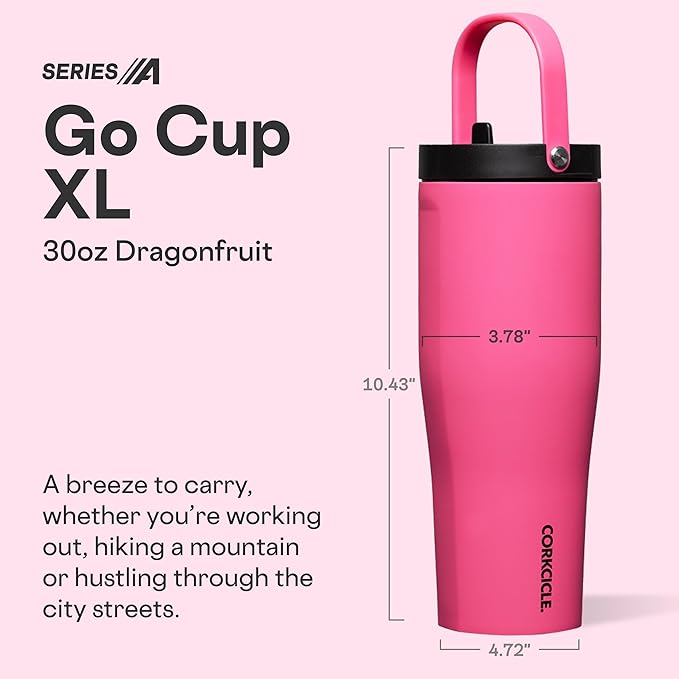 Corkcicle Go Cup XL - Leak-Proof Travel Tumbler - Triple Insulated Stainless Steel Water Bottle - Easy-Carry Handle - Summer Drinkware Gift - Keeps Drinks Ice Cold - 30 oz - Dragonfruit