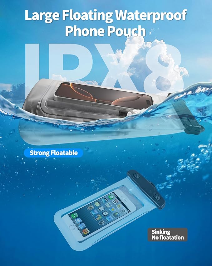 Extra Large Size Waterproof Phone Pouch - [Floating] Water Proof Pouch for iPhone Galaxy Google and More, IPX8 Waterproof Dry Bag for Beach Vacation Belongings