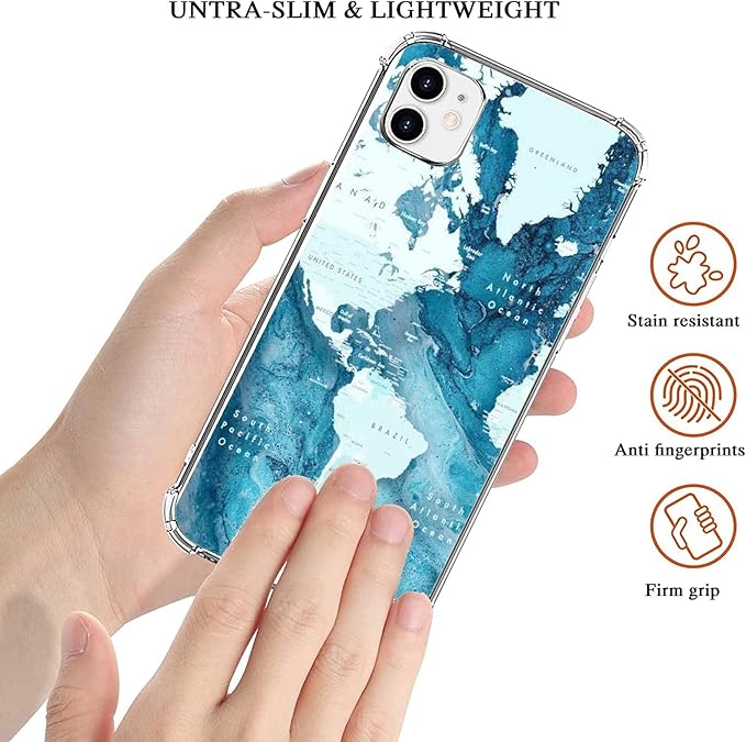 Aesthetic Blue World Map Case for iPhone 11, Blue Oceans Slim Shockproof TPU Bumper Anti-Scratch Protective Cover Case for iPhone 11