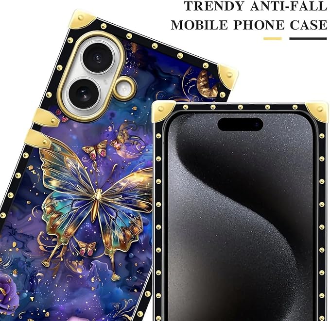 for iPhone 17 Case Luxury Golden Decoration for Girl Women Soft TPU Shockproof Protective Hard PC Back for iPhone 17 Crazy Pattern Glistening Golden Butterfly Vibrant Purple Blue