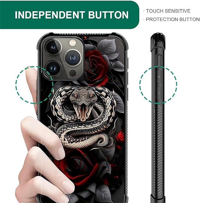 for iPhone 16 Pro Case, Entwined Rose Snake Pattern Graphic Design Girl Boy Soft Silicone Hard Acrylic Shock Protection for iPhone 16 Pro