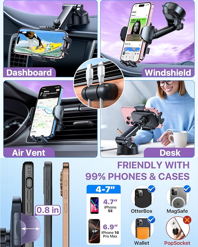 HTU 2026 Ultimate Best【True Military-Grade & Safety Cert】Car Phone Holder【Upgraded 360 Rotation & 100+LBS Strongest Suction】5-in-1 Truck Windshield Dashboard Vent Mount Stand for iPhone Android,Purple