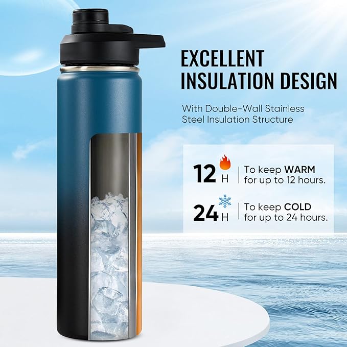 Fijinhom 24 oz Insulated Water Bottle with Handle, 304 Stainless Steel Water Bottles with 2 Lids, Double Wall Vacuum Sports Water Cup with Straw, BPA Free, Keep Cold and Hot, Blue/Black