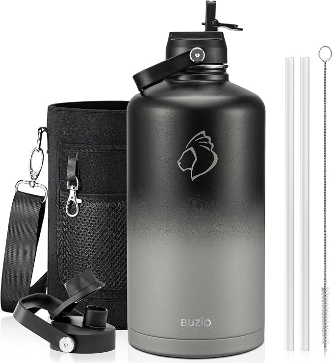 BUZIO Gallon Water Bottle Insulated, 128 oz Large Water Jug Vacuum Stainless Steel Big Metal Flask (Cold for 48 Hrs), Leak Proof & BPA-Free, with Straw and Spout Lids, Shadow