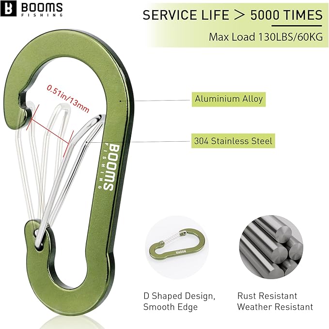 Booms Fishing CC5 Multi-Use Carabiner Clips, 10 Pack 2.3"/ 3.1" Caribeener Clips, Mini Keychain Caribeaner Clip, Aluminum D Ring Carabiners