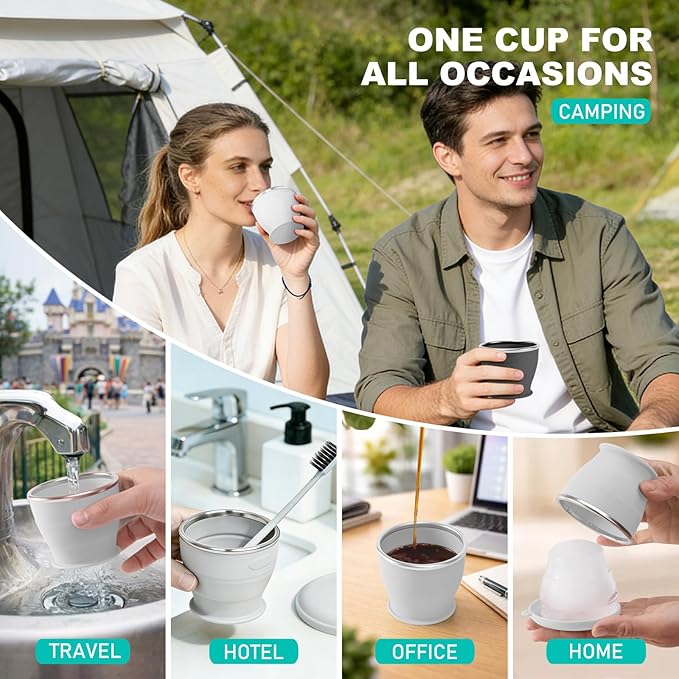 Collapsible Travel Cup, BPA-Free Reusable Water Cup, Lightweight Drinking Cups with Lids and Carrying Strap, Dishwasher Safe Silicone Cups for Camping, Travel, Airports, Hotel (6.7oz, Gray)