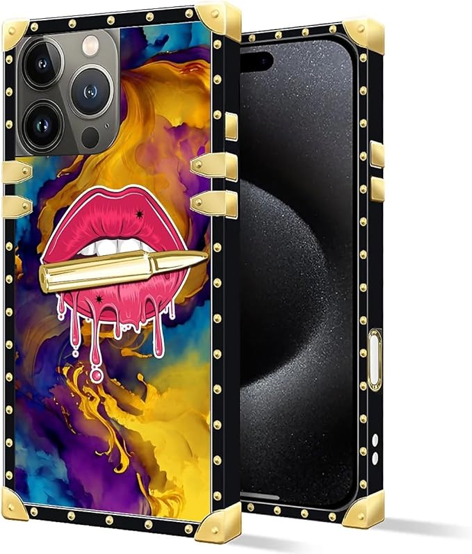Compatible with iPhone 16 Pro Case, Cool Corlorful Lip Marble Luxury Golden Decoration for Girl Women Soft TPU Shockproof Protective Hard PC Back for iPhone 16 Pro