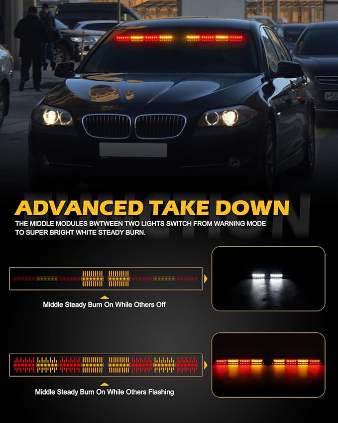 HLauto 604N Emergency Dash Strobe Lights: 2x16.8 inch Amber Red Security Light w/Take Down, 48 LED Safety Flashing Warning Hazard Interior Windshield Light Bar for Trucks Vehicles